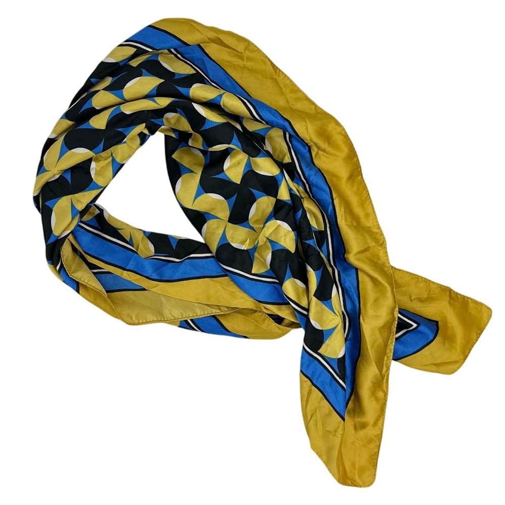 90s Geometric Pinwheel Square Silk Scarf Yellow Blue Navy 27" x 27"